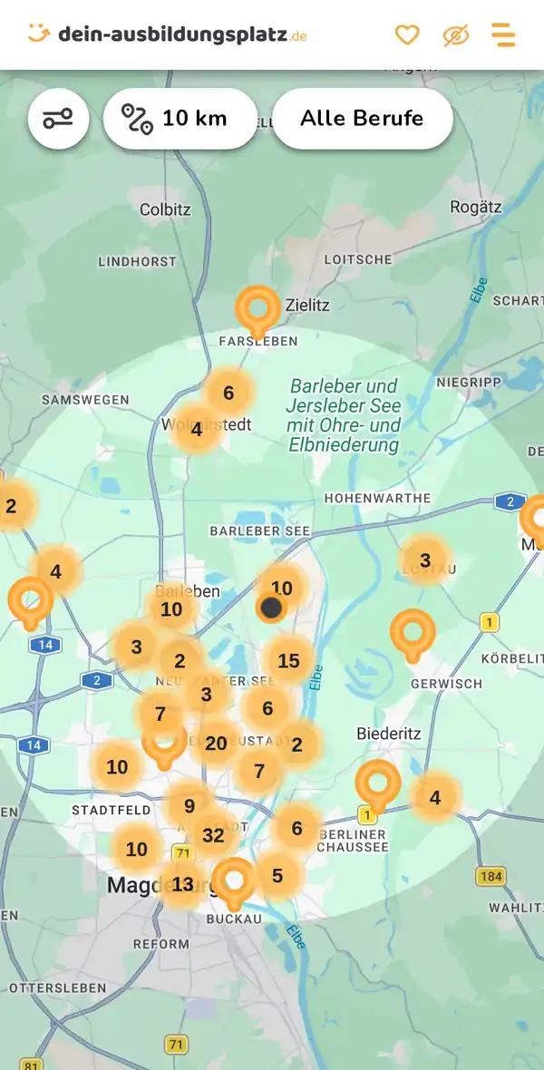 Karte von dein-ausbildungsplatz.de: Ausbildungsbetriebe im Umkreis von 10 km um 39126 Magdeburg