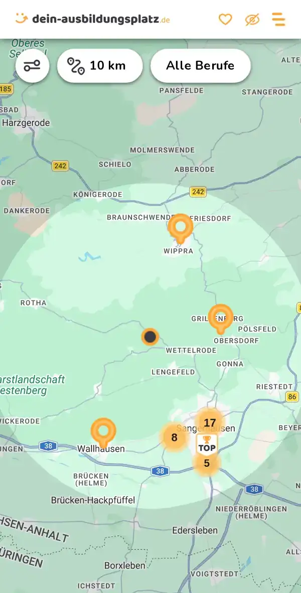 Karte von dein-ausbildungsplatz.de: Ausbildungsbetriebe im Umkreis von 10 km um 06526 Sangerhausen