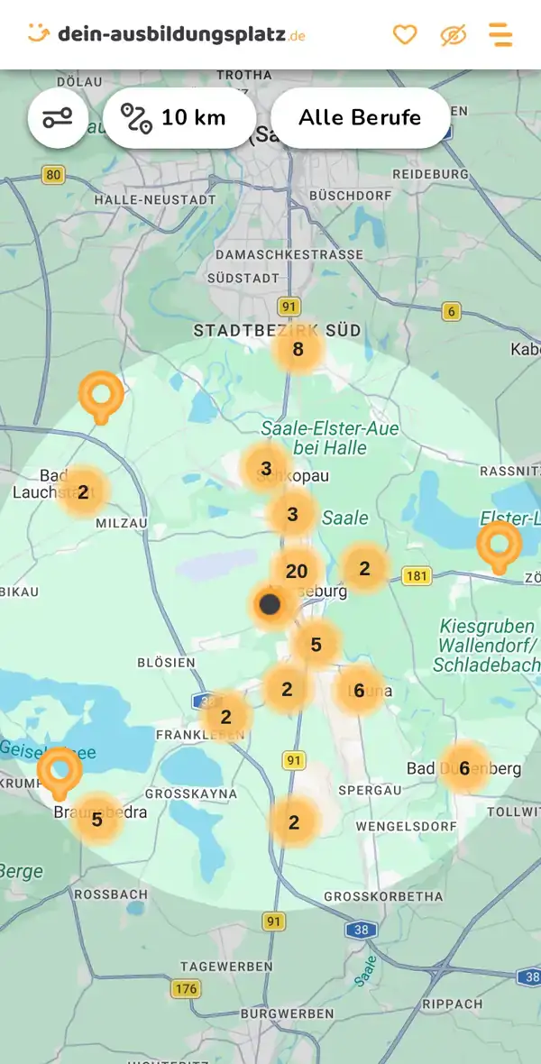 Karte von dein-ausbildungsplatz.de: Ausbildungsbetriebe im Umkreis von 10 km um 06217 Merseburg