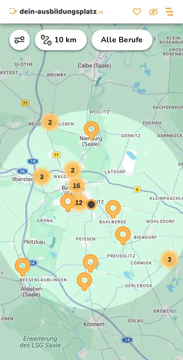 Karte von dein-ausbildungsplatz.de: Ausbildungsbetriebe im Umkreis von 10 km um 06406 Bernburg (Saale)