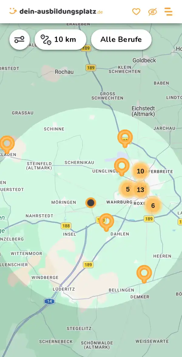 Karte von dein-ausbildungsplatz.de: Ausbildungsbetriebe im Umkreis von 10 km um 39576 Stendal