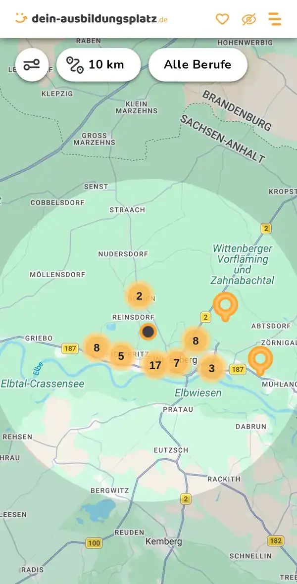 Karte von dein-ausbildungsplatz.de: Ausbildungsbetriebe im Umkreis von 10 km um 06886 Wittenberg