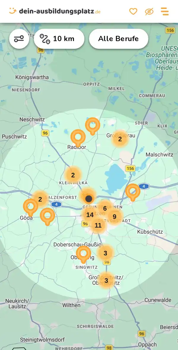 Karte von dein-ausbildungsplatz.de: Ausbildungsbetriebe im Umkreis von 10 km um 02625 Bautzen