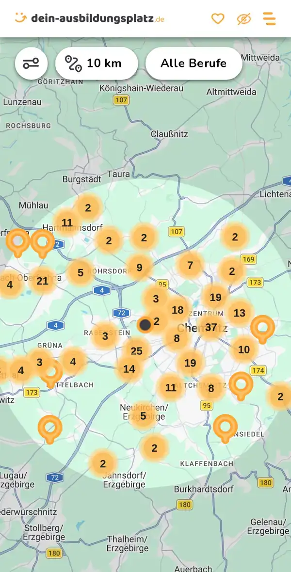 Karte von dein-ausbildungsplatz.de: Ausbildungsbetriebe im Umkreis von 10 km um 09116 Chemnitz