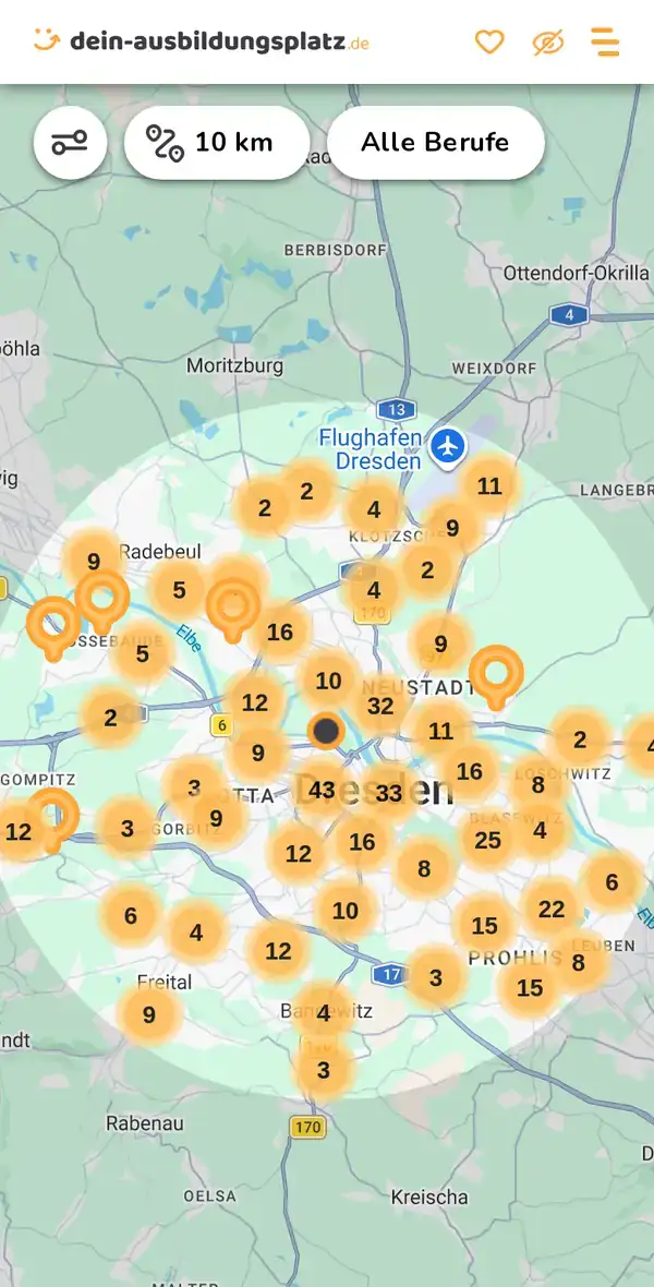 Karte von dein-ausbildungsplatz.de: Ausbildungsbetriebe im Umkreis von 10 km um 01067 Dresden