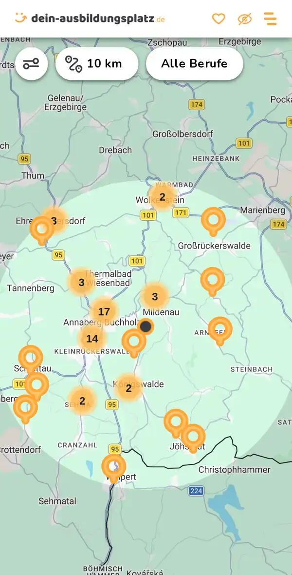 Karte von dein-ausbildungsplatz.de: Ausbildungsbetriebe im Umkreis von 10 km um 09456 Annaberg-Buchholz