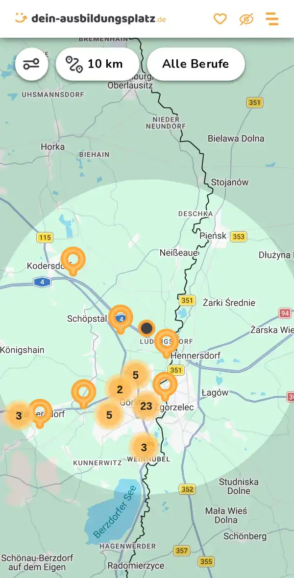 Karte von dein-ausbildungsplatz.de: Ausbildungsbetriebe im Umkreis von 10 km um 02828 Görlitz