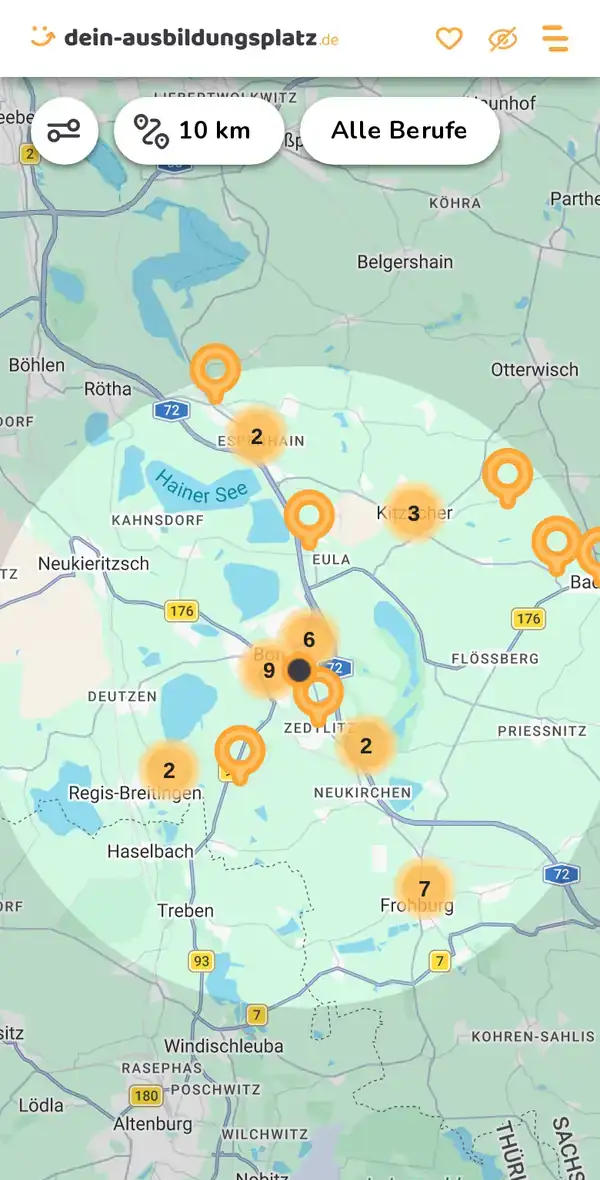 Karte von dein-ausbildungsplatz.de: Ausbildungsbetriebe im Umkreis von 10 km um 04552 Borna