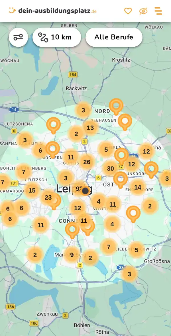 Karte von dein-ausbildungsplatz.de: Ausbildungsbetriebe im Umkreis von 10 km um 04103 Leipzig