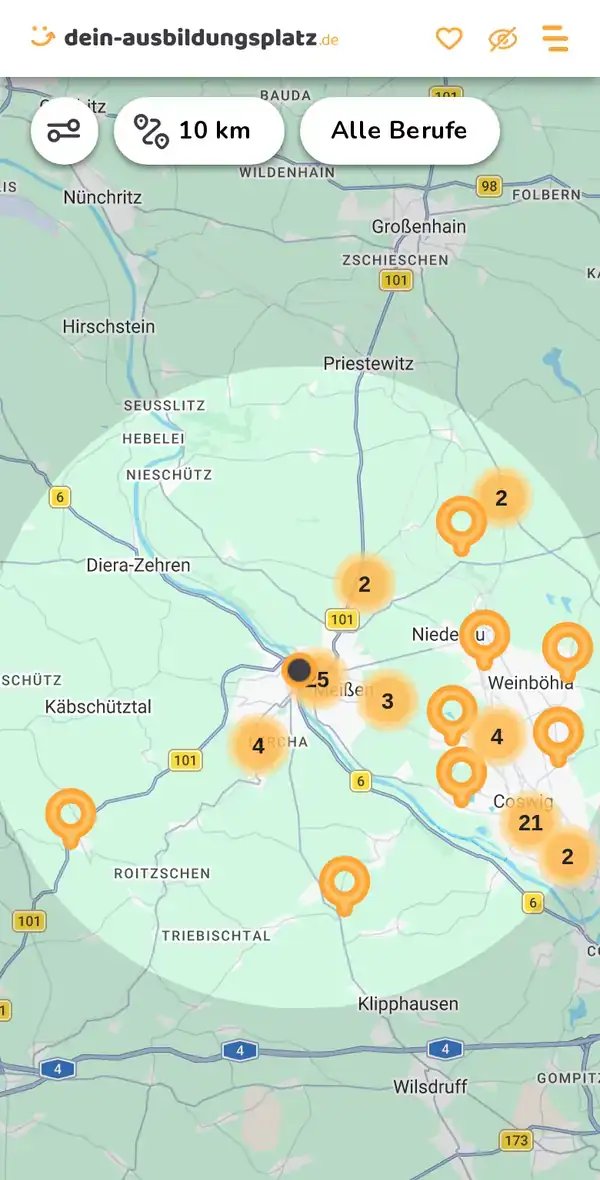 Karte von dein-ausbildungsplatz.de: Ausbildungsbetriebe im Umkreis von 10 km um 01662 Meißen