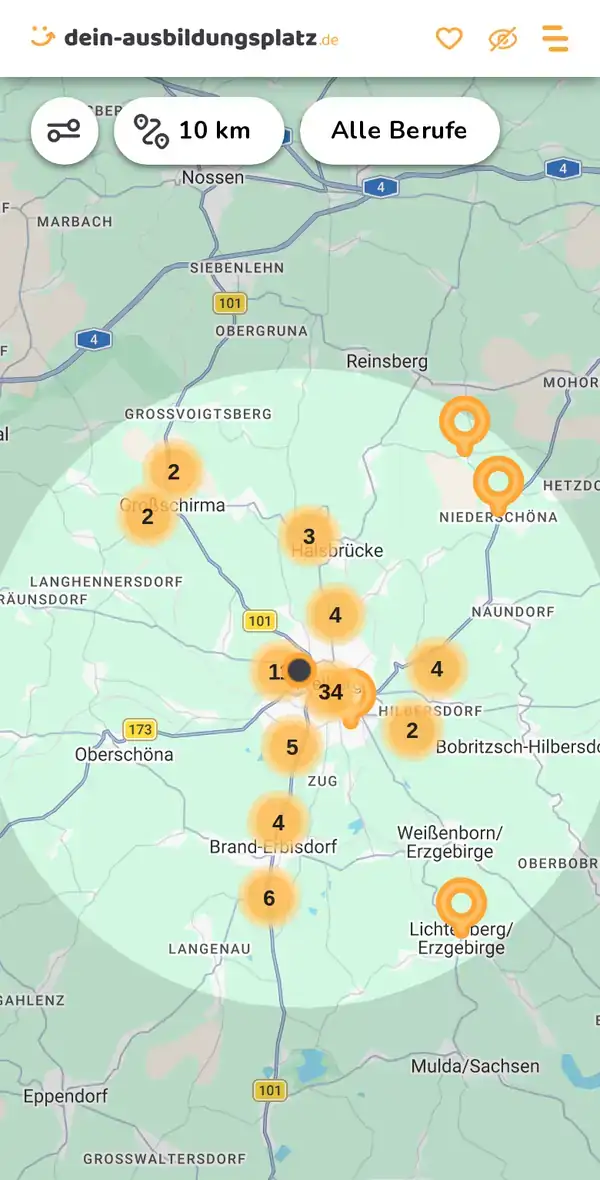 Karte von dein-ausbildungsplatz.de: Ausbildungsbetriebe im Umkreis von 10 km um 09599 Freiberg
