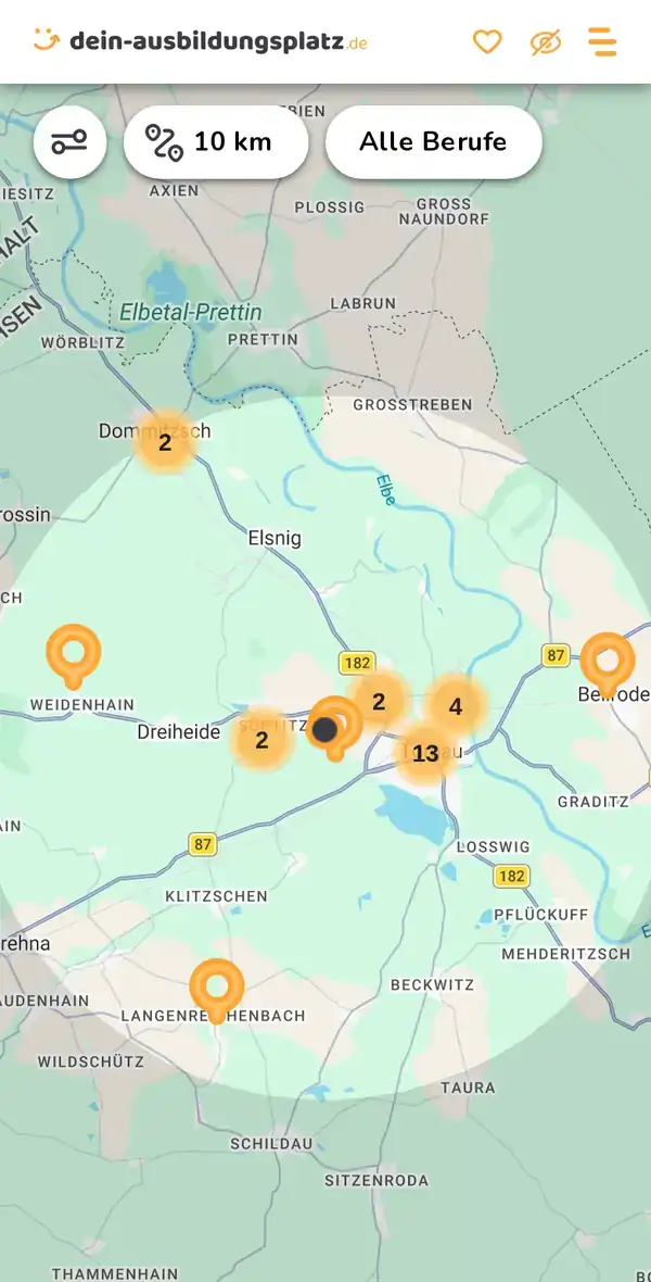Karte von dein-ausbildungsplatz.de: Ausbildungsbetriebe im Umkreis von 10 km um 04860 Dreiheide
