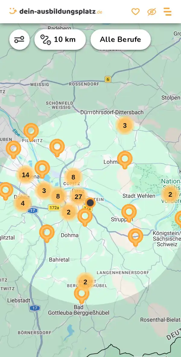 Karte von dein-ausbildungsplatz.de: Ausbildungsbetriebe im Umkreis von 10 km um 01796 Dohma