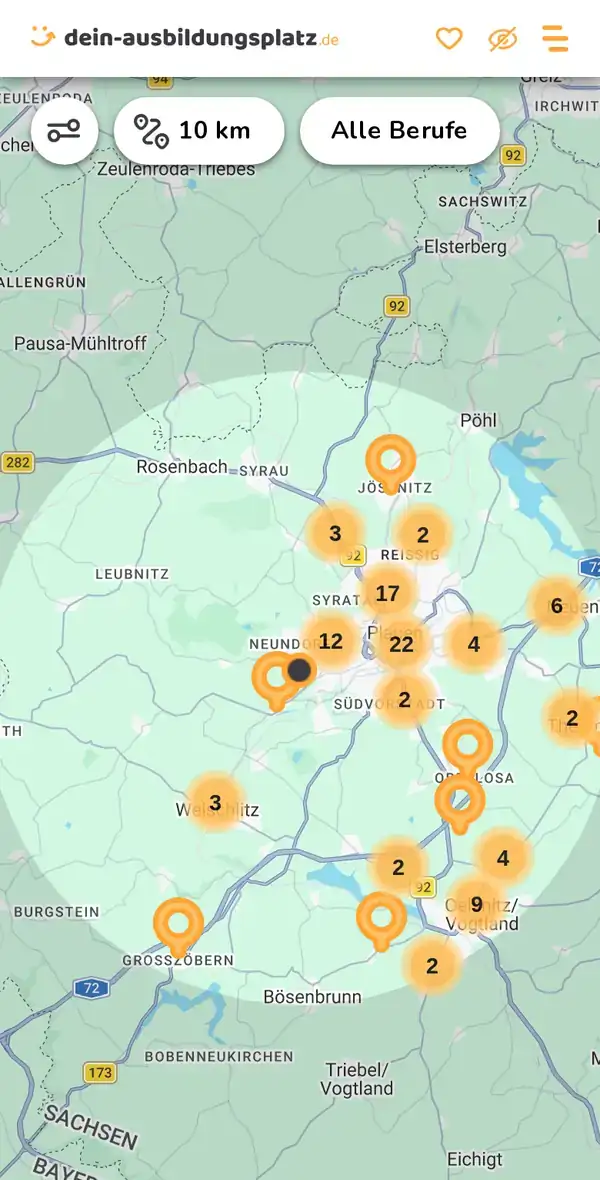 Karte von dein-ausbildungsplatz.de: Ausbildungsbetriebe im Umkreis von 10 km um 08523 Plauen