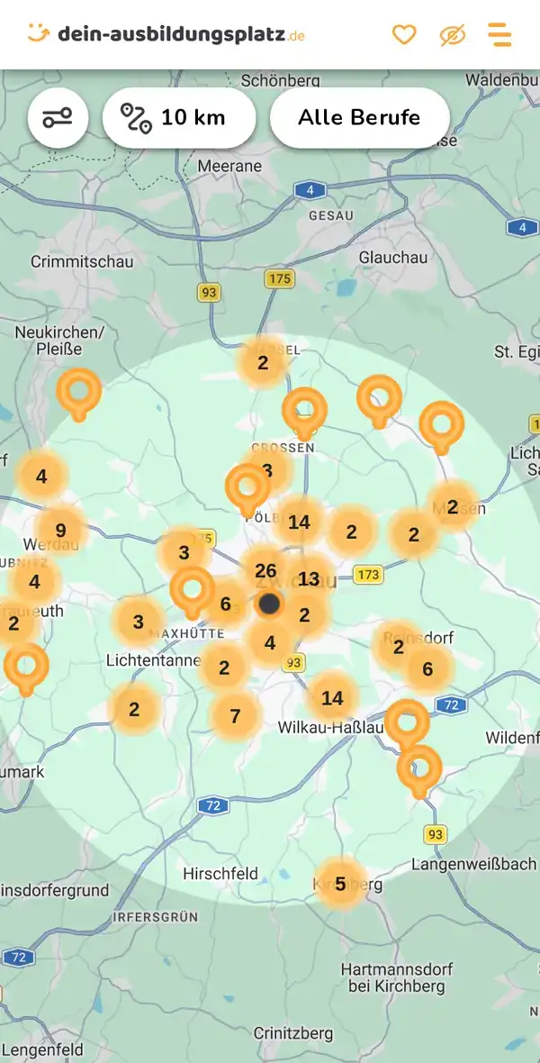 Karte von dein-ausbildungsplatz.de: Ausbildungsbetriebe im Umkreis von 10 km um 08056 Zwickau