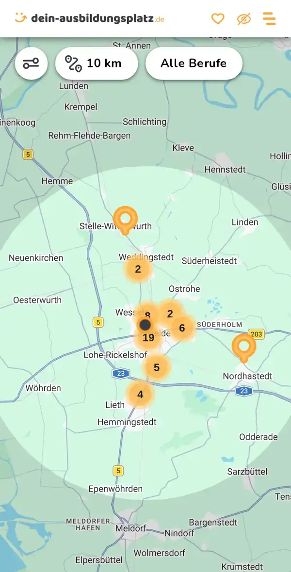 Karte von dein-ausbildungsplatz.de: Ausbildungsbetriebe im Umkreis von 10 km um 25746 Heide