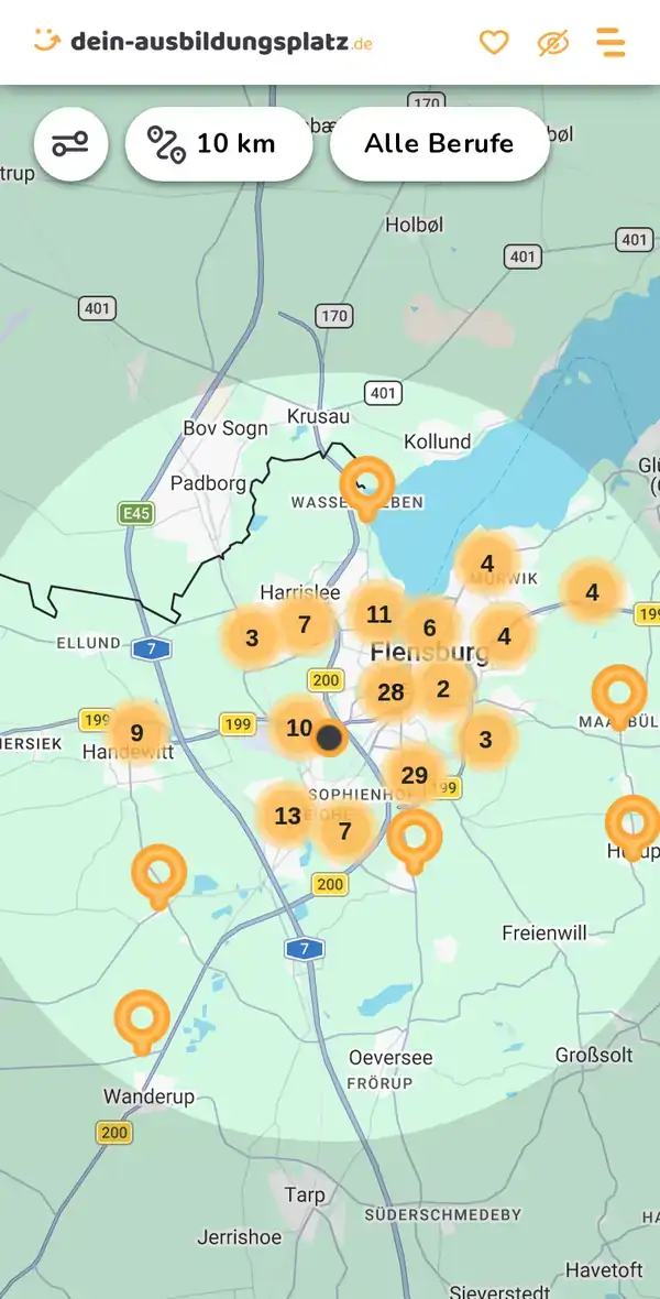Karte von dein-ausbildungsplatz.de: Ausbildungsbetriebe im Umkreis von 10 km um 24941 Flensburg