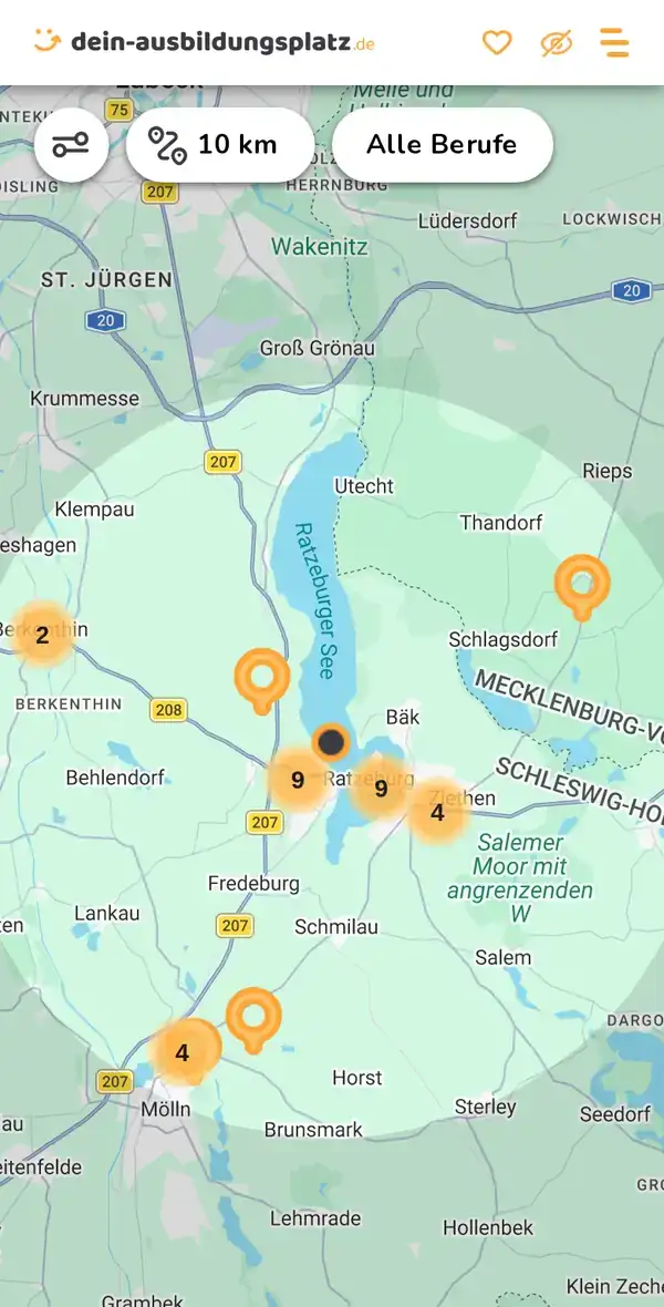 Karte von dein-ausbildungsplatz.de: Ausbildungsbetriebe im Umkreis von 10 km um 23909 Albsfelde