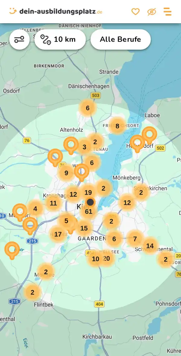Karte von dein-ausbildungsplatz.de: Ausbildungsbetriebe im Umkreis von 10 km um 24103 Kiel
