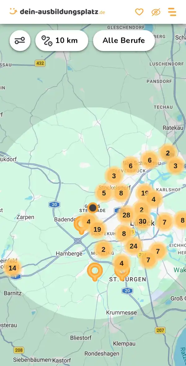Karte von dein-ausbildungsplatz.de: Ausbildungsbetriebe im Umkreis von 10 km um 23556 Lübeck