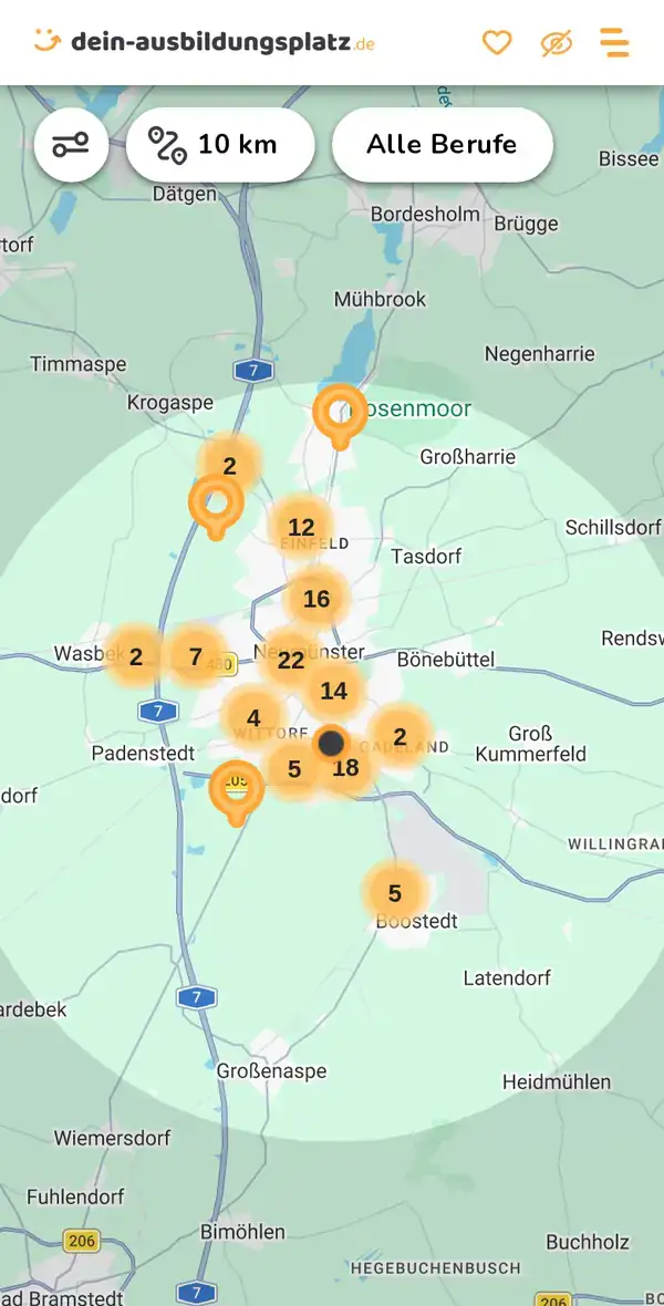 Karte von dein-ausbildungsplatz.de: Ausbildungsbetriebe im Umkreis von 10 km um 24539 Neumünster
