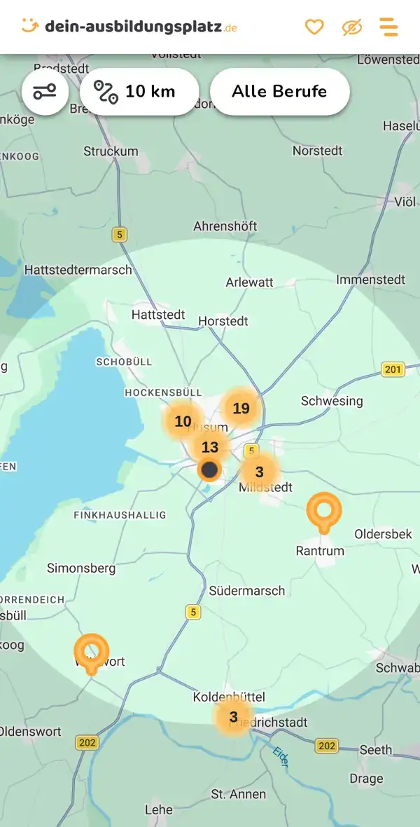 Karte von dein-ausbildungsplatz.de: Ausbildungsbetriebe im Umkreis von 10 km um 25813 Husum