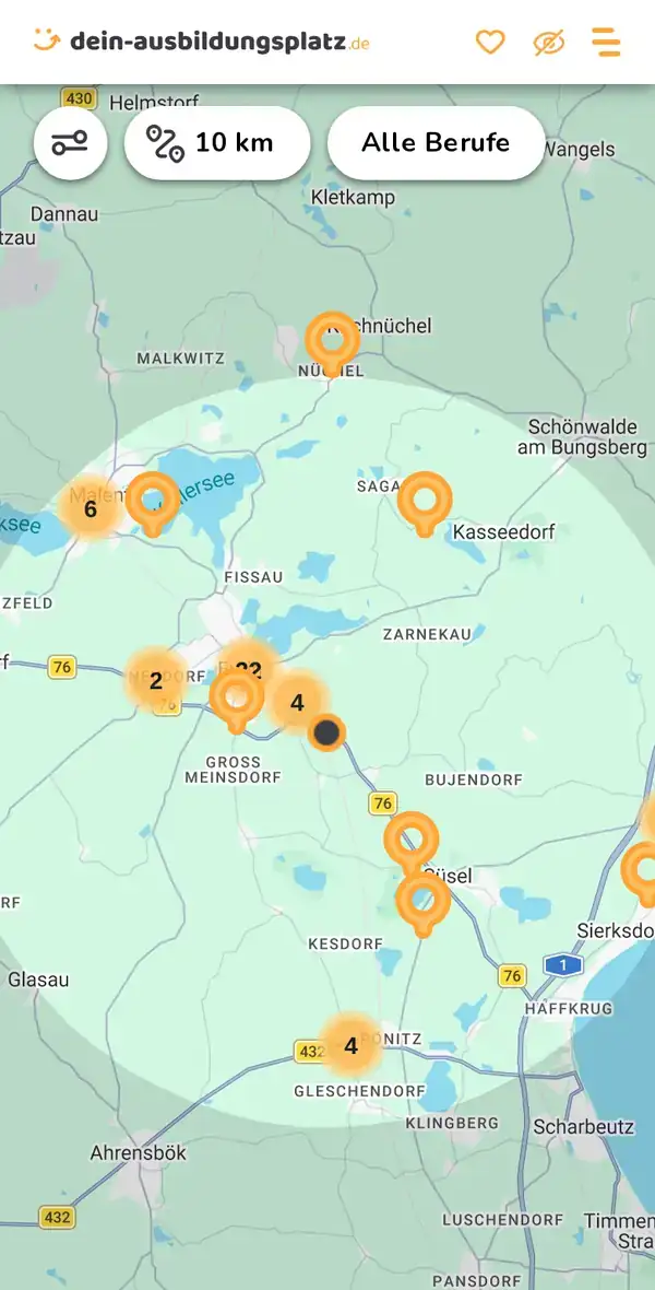 Karte von dein-ausbildungsplatz.de: Ausbildungsbetriebe im Umkreis von 10 km um 23701 Eutin