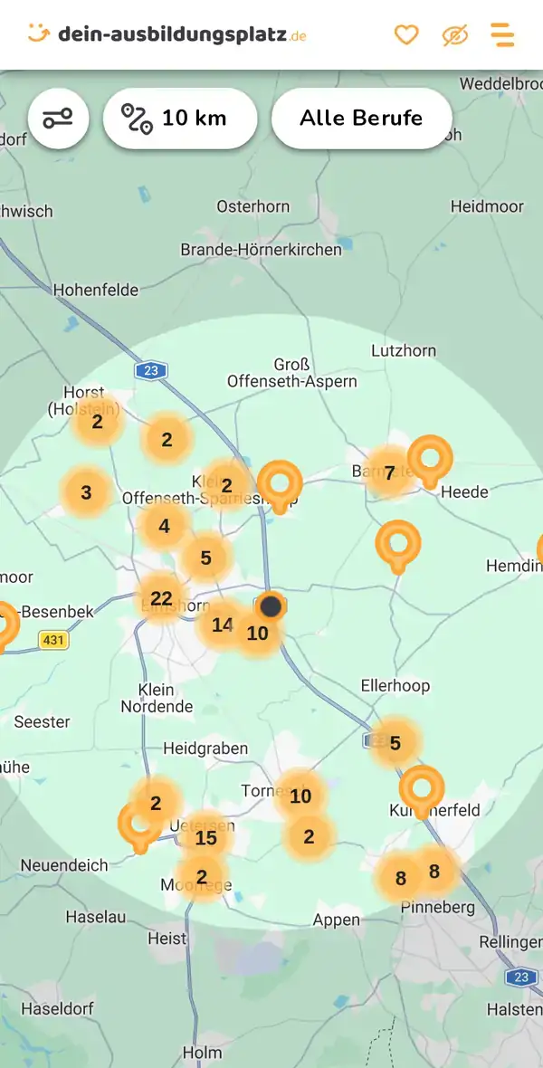 Karte von dein-ausbildungsplatz.de: Ausbildungsbetriebe im Umkreis von 10 km um 25337 Elmshorn