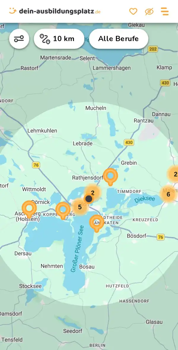 Karte von dein-ausbildungsplatz.de: Ausbildungsbetriebe im Umkreis von 10 km um 24306 Bösdorf
