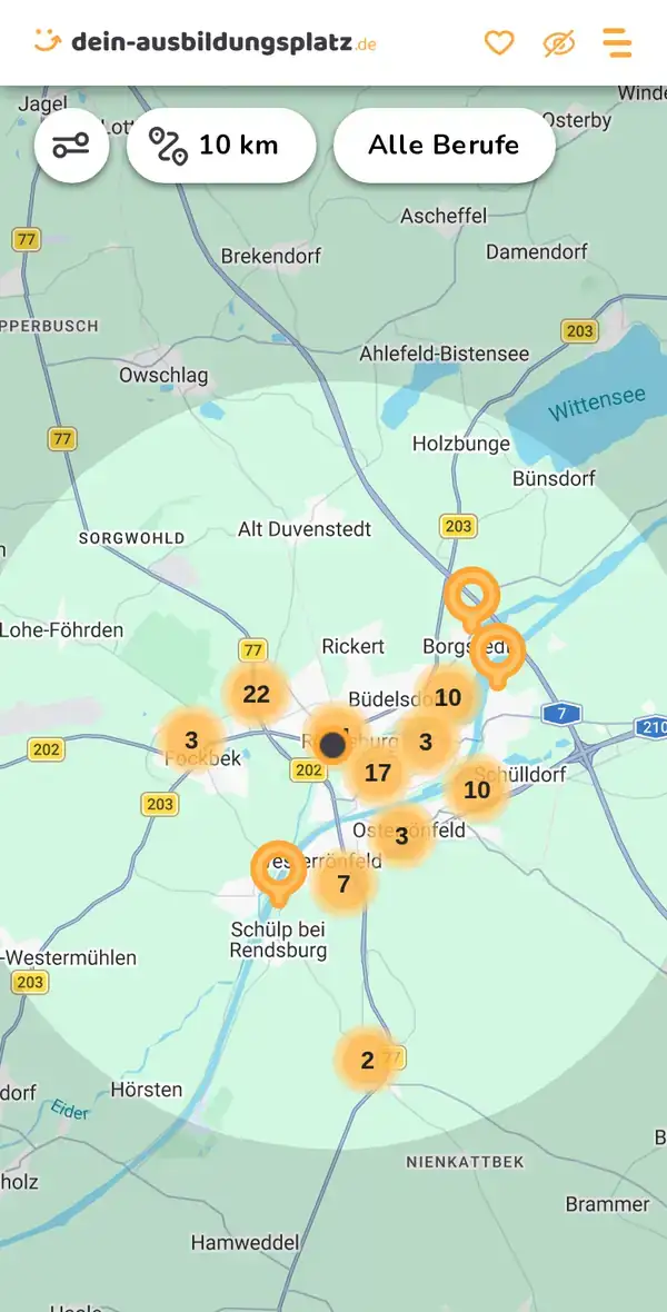 Karte von dein-ausbildungsplatz.de: Ausbildungsbetriebe im Umkreis von 10 km um 24768 Rendsburg