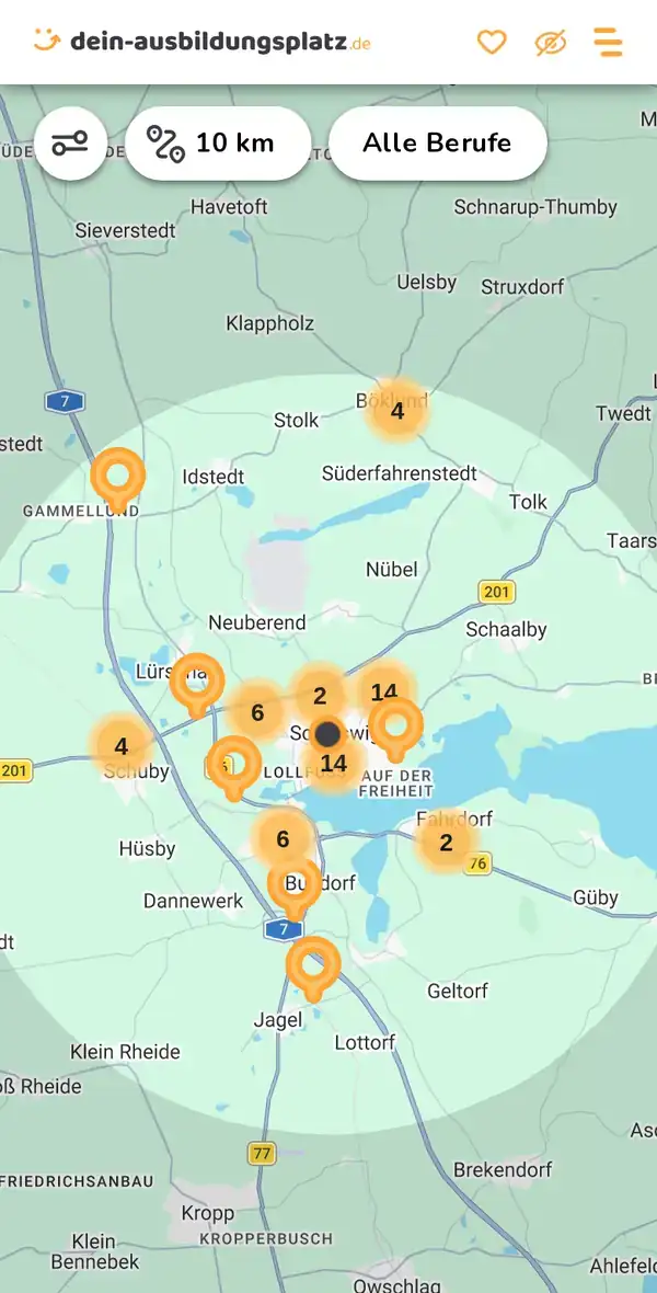Karte von dein-ausbildungsplatz.de: Ausbildungsbetriebe im Umkreis von 10 km um 24837 Schleswig