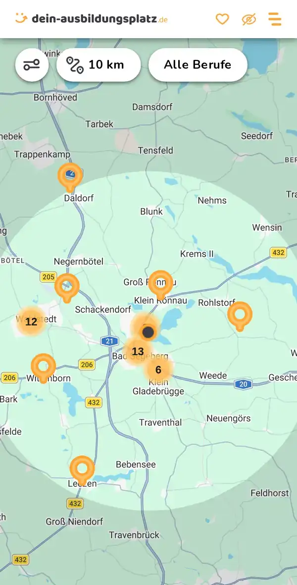 Karte von dein-ausbildungsplatz.de: Ausbildungsbetriebe im Umkreis von 10 km um 23795 Bad Segeberg