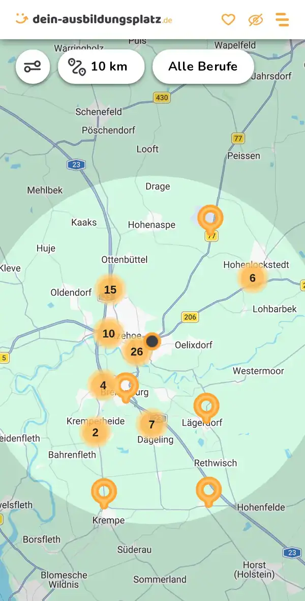 Karte von dein-ausbildungsplatz.de: Ausbildungsbetriebe im Umkreis von 10 km um 25524 Bekmünde