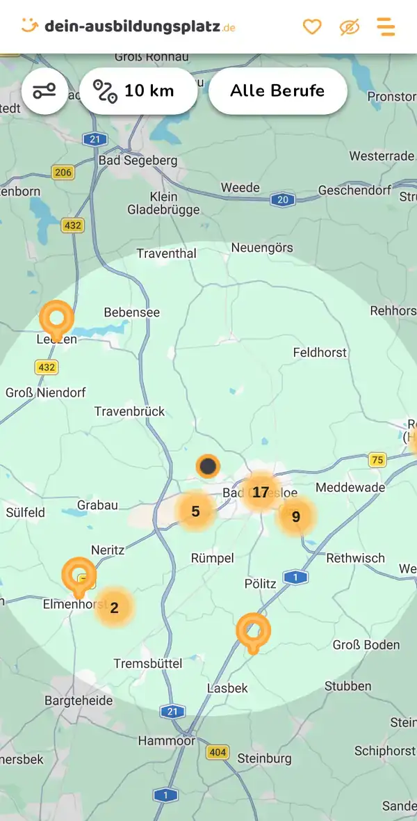 Karte von dein-ausbildungsplatz.de: Ausbildungsbetriebe im Umkreis von 10 km um 23843 Bad Oldesloe