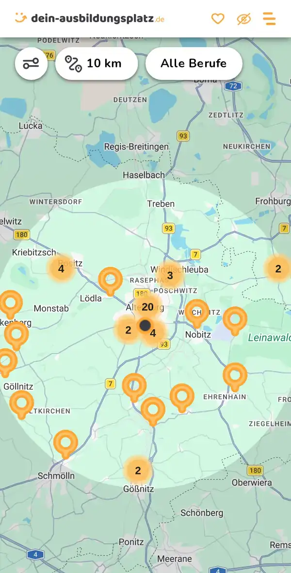 Karte von dein-ausbildungsplatz.de: Ausbildungsbetriebe im Umkreis von 10 km um 04600 Altenburg
