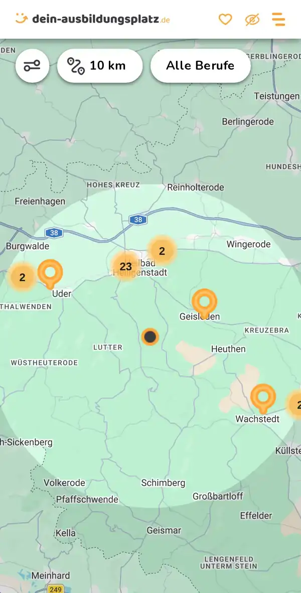 Karte von dein-ausbildungsplatz.de: Ausbildungsbetriebe im Umkreis von 10 km um 37308 Bodenrode-Westhausen