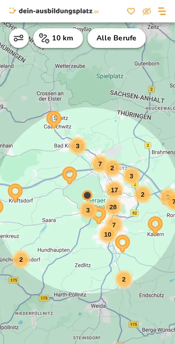 Karte von dein-ausbildungsplatz.de: Ausbildungsbetriebe im Umkreis von 10 km um 07548 Gera