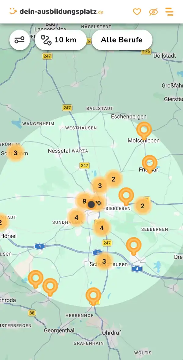 Karte von dein-ausbildungsplatz.de: Ausbildungsbetriebe im Umkreis von 10 km um 99867 Gotha