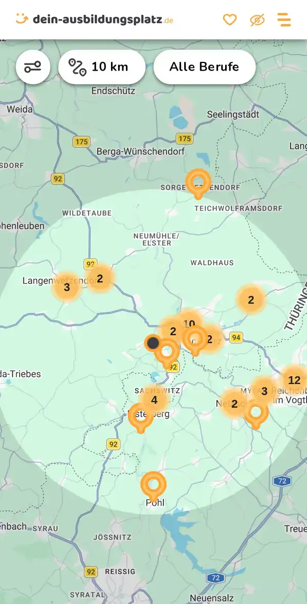 Karte von dein-ausbildungsplatz.de: Ausbildungsbetriebe im Umkreis von 10 km um 07973 Greiz