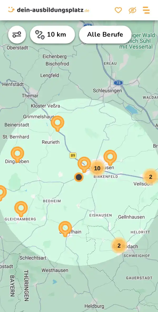 Karte von dein-ausbildungsplatz.de: Ausbildungsbetriebe im Umkreis von 10 km um 98646 Dingsleben