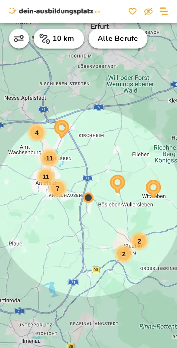 Karte von dein-ausbildungsplatz.de: Ausbildungsbetriebe im Umkreis von 10 km um 99310 Alkersleben