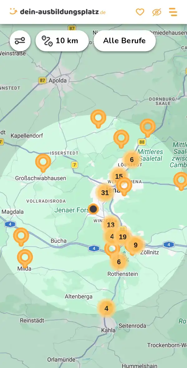 Karte von dein-ausbildungsplatz.de: Ausbildungsbetriebe im Umkreis von 10 km um 07745 Jena