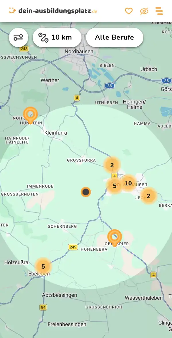 Karte von dein-ausbildungsplatz.de: Ausbildungsbetriebe im Umkreis von 10 km um 99706 Sondershausen