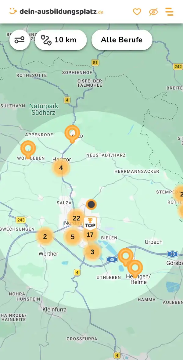 Karte von dein-ausbildungsplatz.de: Ausbildungsbetriebe im Umkreis von 10 km um 99734 Nordhausen