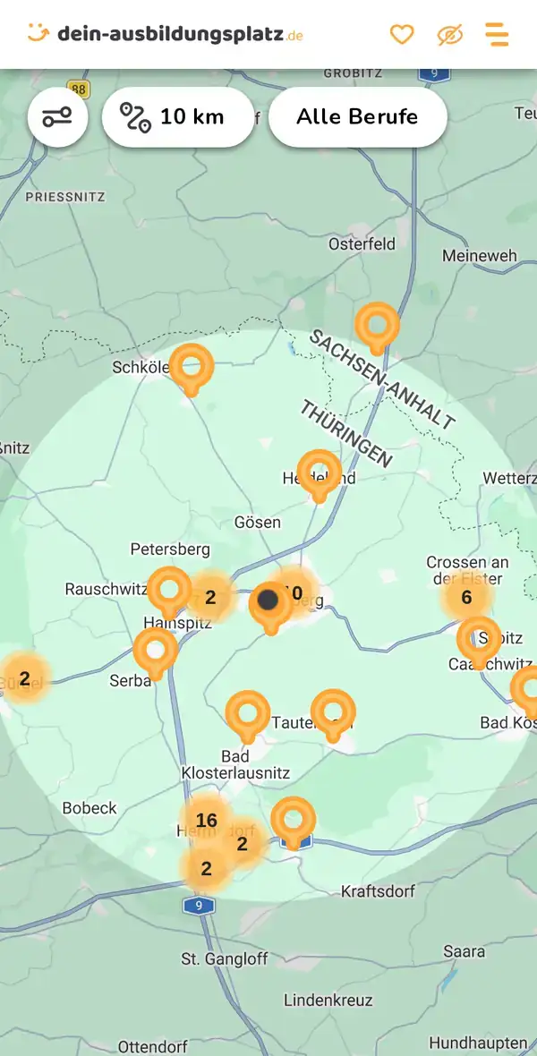 Karte von dein-ausbildungsplatz.de: Ausbildungsbetriebe im Umkreis von 10 km um 07607 Eisenberg