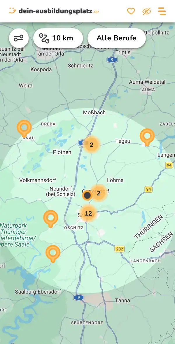 Karte von dein-ausbildungsplatz.de: Ausbildungsbetriebe im Umkreis von 10 km um 07907 Dittersdorf