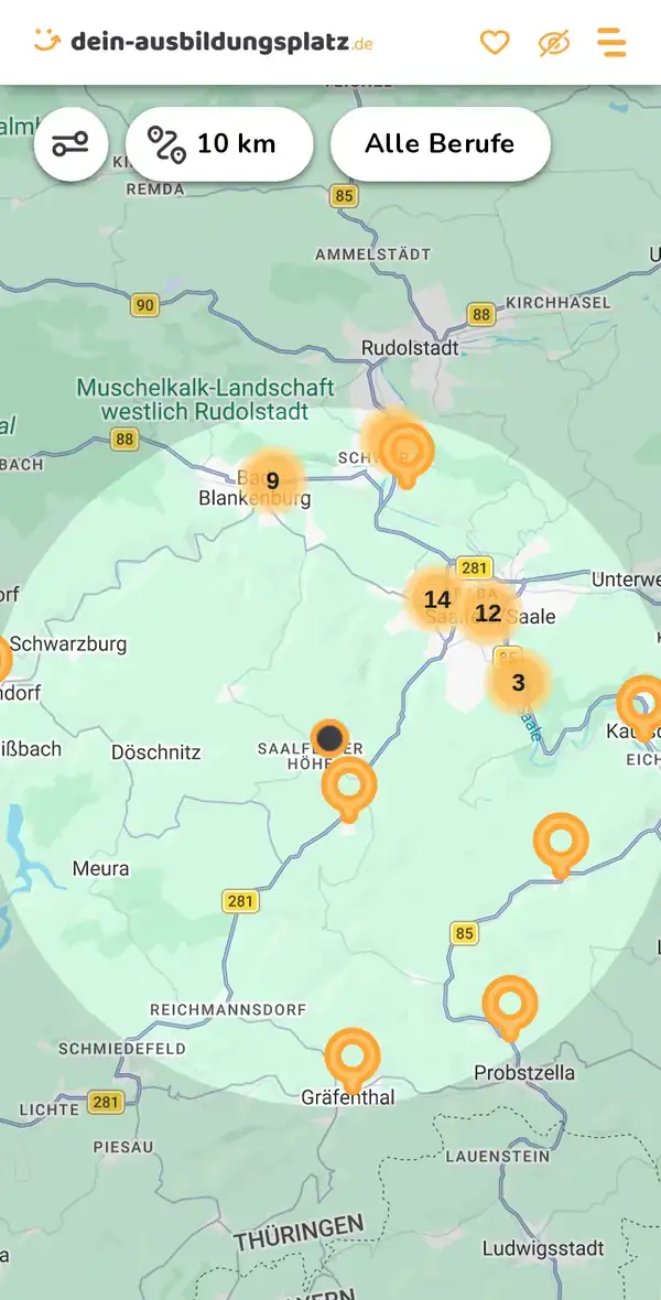 Karte von dein-ausbildungsplatz.de: Ausbildungsbetriebe im Umkreis von 10 km um 07318 Saalfeld/Saale