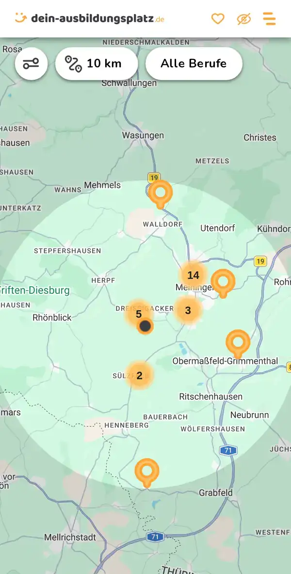 Karte von dein-ausbildungsplatz.de: Ausbildungsbetriebe im Umkreis von 10 km um 98617 Belrieth