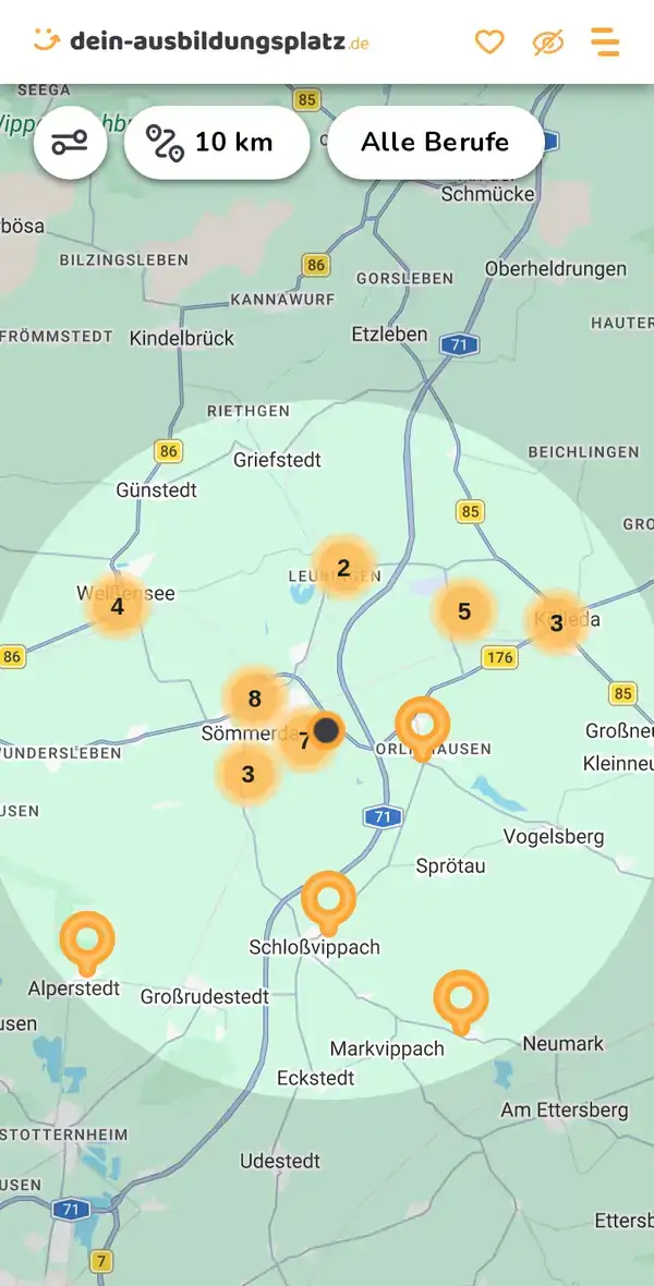 Karte von dein-ausbildungsplatz.de: Ausbildungsbetriebe im Umkreis von 10 km um 99610 Sprötau