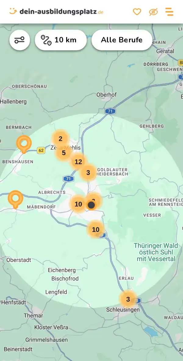 Karte von dein-ausbildungsplatz.de: Ausbildungsbetriebe im Umkreis von 10 km um 98527 Schleusingen